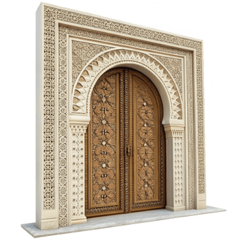 Ornate Archway with Intricately Carved Wooden Doors and Detailed Stonework png