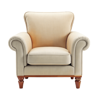Elegant Beige Armchair with Rolled Arms and Turned Wooden Legs Classic Style Comfortable Furniture png