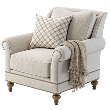 Elegant Beige Upholstered Armchair with Wooden Legs and Throw Blanket png