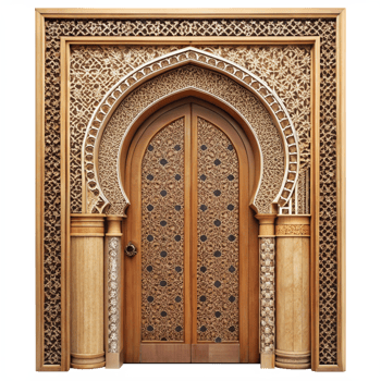 Intricate Wooden Doorway with Exquisite Carving and Islamic Arch Design png