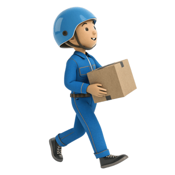 A cheerful 3D animated delivery worker in blue uniform carries a cardboard box png