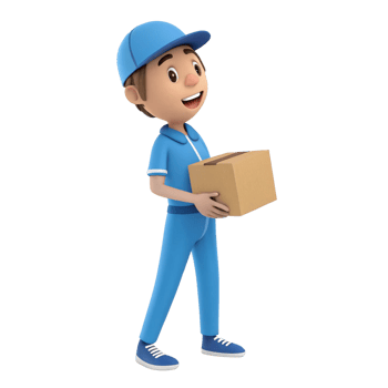 A happy cartoon delivery boy carries a cardboard box while walking png