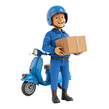 Happy cartoon delivery man on scooter carrying a package png