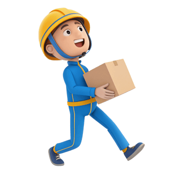 A cheerful 3D animated delivery worker in blue uniform rushes to deliver a package png