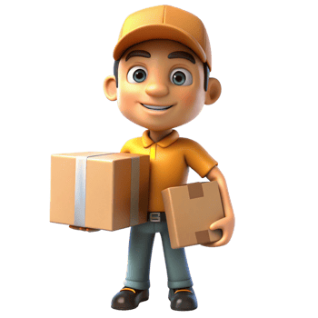 A cheerful 3D cartoon delivery person carrying two packages png
