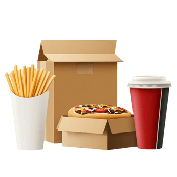 Delicious pizza fries and drink ready for fast delivery isolated on transparent background png
