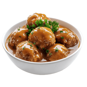 Delicious swedish meatballs with gravy in a white bowl isolated on transparent background png