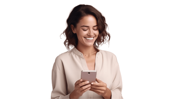 Excited Woman Texting on Phone with Transparent png