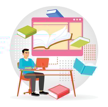 Man Using Computer for E-Learning With Books and Study Materials. vector