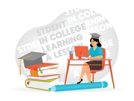 Female Student Studying Online With Books and Graduation Cap. vector