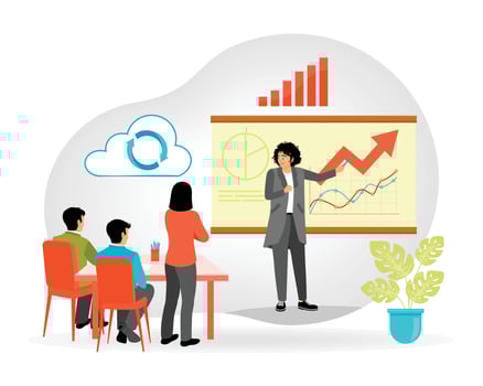 Synchronized Access to Smart Class. Group of People Discussing Plans Together. vector