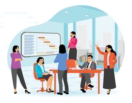 Workers are having a meeting in the office, they collective thinking and brainstorming vector