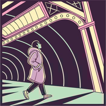 a man walking under a tunnel with a light vector