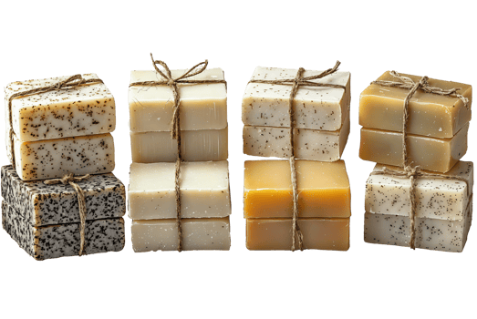handmade soap bars stacked and wrapped with twine. png