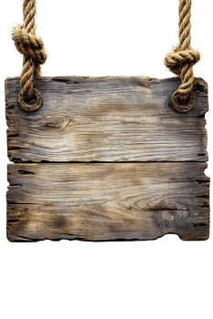 wooden sign hanging from rope, isolated on transparent background. png