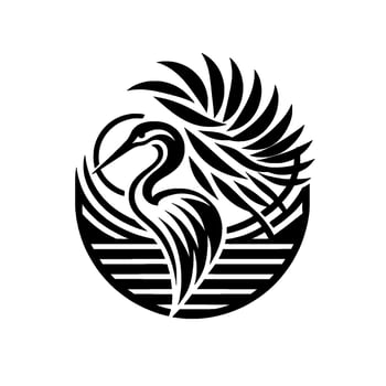 Elegant Black and White Stork Silhouette Within a Circular Frame, Symbolizing Serenity and Natures Beauty, in a Minimalist Style. vector