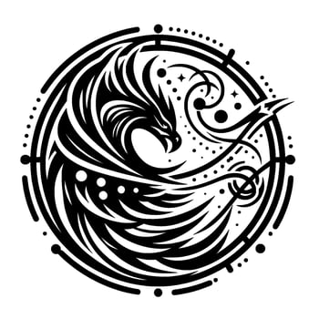 Majestic Black and White Emblem A Fierce Dragon Within a Circular, Stylized, and Ornate Geometric Frame, Exuding Power. vector