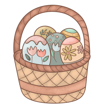 Easter eggs decorated with delicate boho patterns, floral etchings , arranged in a rustic wicker basket. png