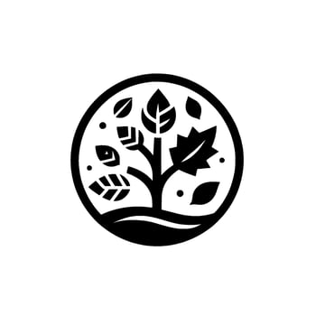Monochrome circular featuring a stylized tree with various leaves and dots, set against a white background. vector