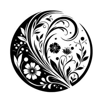 Elegant Monochrome Floral Mandala with Swirling Vines and Detailed Blossoms in a Circular Composition vector