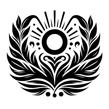 Intricate Black and White Sunburst Emblem with Leafy Wreath and Detailed Floral Accents, Symbolizing Nature and Radiance. vector
