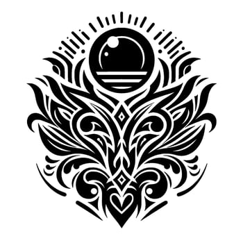Black and white intricate tribal art depicting a stylized sunlike element atop a floral and heartshaped form, conveying harmony. vector
