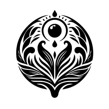 Intricate black and white circular illustration featuring an eye within a circle, surrounded by floral and stylized leaf elements, with teardrop accents. vector