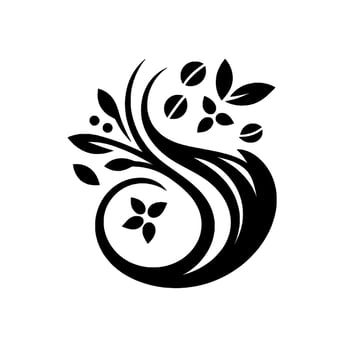 Elegant Black and White Flourish Design A symmetrical stylized illustration with leaves, beans, and floral elements forming a cohesive, graceful composition. vector
