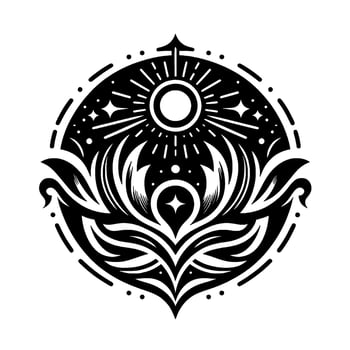 Elegant Black and White Circular Featuring a Radiant Sunburst, Stars, and Ornate Floral Elements, Ideal for Tattoo or Emblem. vector
