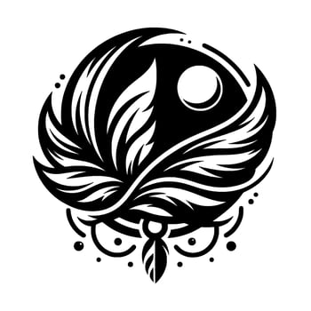 Intricate YinYang emblem featuring stylized owl feathers, moon, and decorative flourishes in black and white, evoking balance and harmony. vector