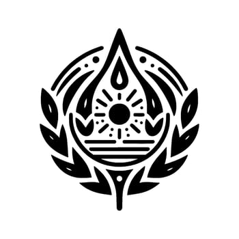 Elegant Black and White Emblem A Stylized Sun and Water Drop Within a Laurel Wreath, Embodying Purity and Strength. vector