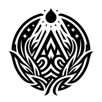 Intricate geometric black and white circular emblem, incorporating a stylized mountain, drop, rays, stars, and organic elements, symbolizing nature. vector