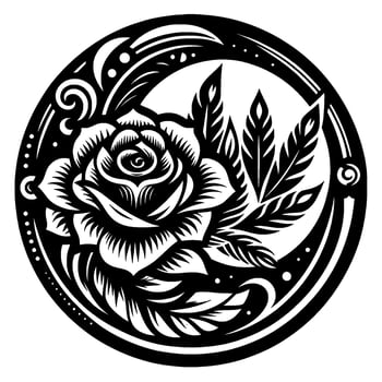 Elegant Black and White Floral Mandala with Rose, Leaves, and Ornate Circular Design, Featuring Fine Lines and a Balanced Composition. vector