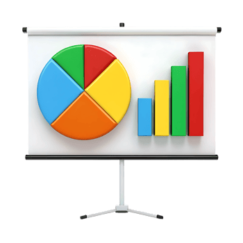 Colorful pie chart and bar graph on a projector screen. png