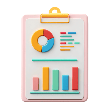 Colorful 3D illustration of a clipboard with charts and graphs. png