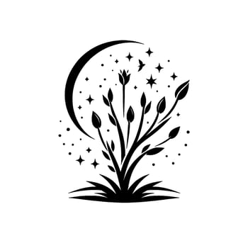 A stylized black and white illustration featuring a treelike structure within a crescent moon, adorned with stars and leaves, representing growth. vector