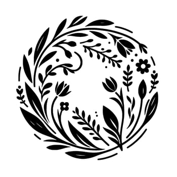 Elegant Black and White Floral Wreath Circular Composition of Leaves, Flowers, and Berries, Against a Clean White Background for a Minimalist Design. vector
