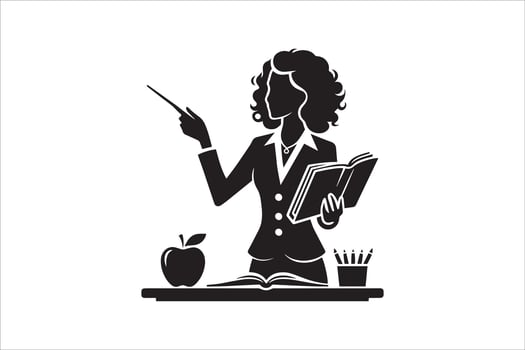 Teacher Silhouette with Open Book and Apple vector
