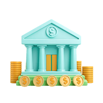 3D illustration of a bank building with stacks of coins. png