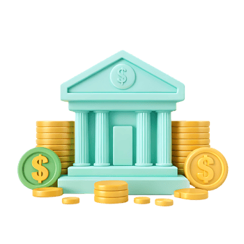 3D bank building with stacks of gold coins. png