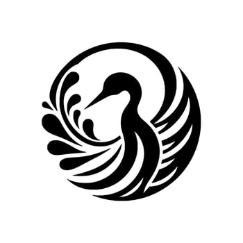 A stylized minimalist illustration featuring a black heron encircled by a spiral and flowing water droplets, set against a stark white background, evoking a sense of serenity and balance. vector