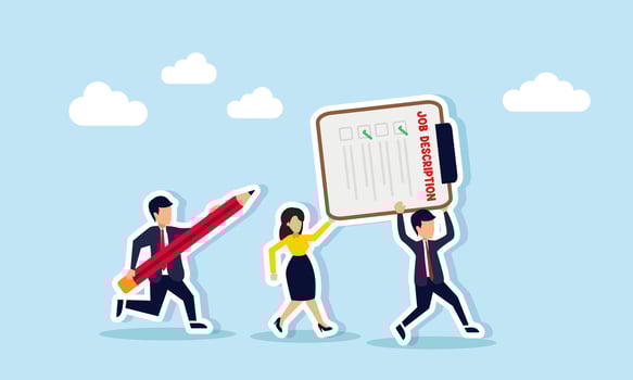 Businessman carries a pencil chasing a businessman and businesswoman running together lifting a job description board, illustration of a deadline in completing task lists vector