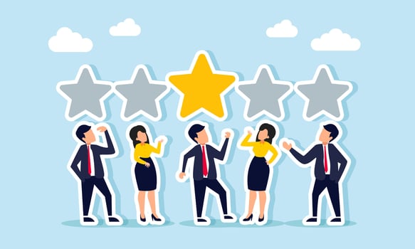 Businesspeople gather, each with a gray star above their head, except for one star retaining its original color, illustration of tendency in choosing the right product quality standard vector