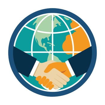 Stylized Handshake Icon with Globe and Modern Design Elements vector