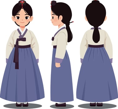 Traditional Korean girl in a vibrant hanbok dress showcasing flat, minimal style with three angles in illustration vector