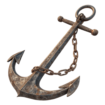 A Rusty Old Ship Anchor with Chain on Black Background png