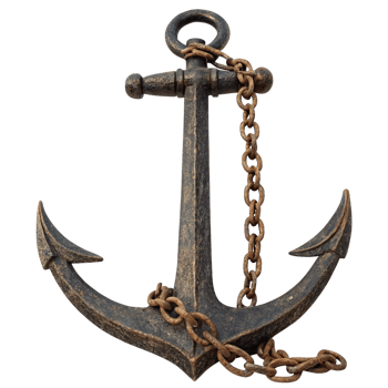 A weathered nautical anchor with a rusty chain on a black background png