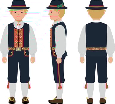Young boy in traditional Norwegian costume showcasing multiple views in a flat illustration style, highlighting intricate details and vibrant colors in cultural attire art vector
