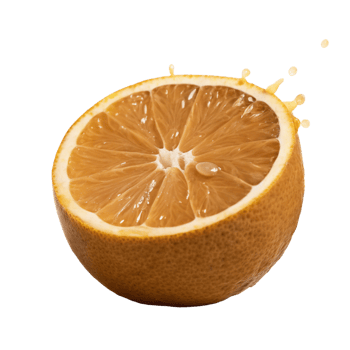 A juicy orange half with splashing juice isolated on black background, vibrant citrus fruit, healthy food photography png