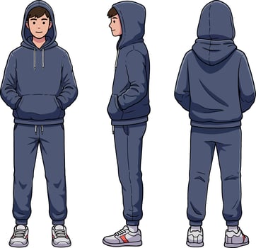 Young man in casual hoodie and joggers showcasing three views in a flat, minimal design illustration vector